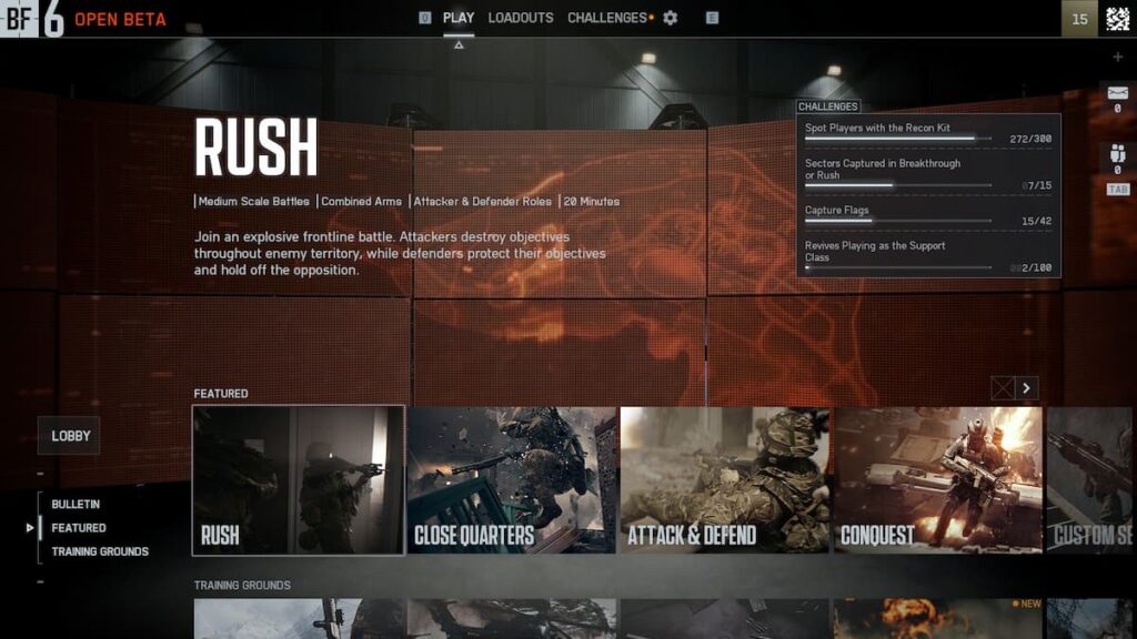 Mode selection screen in Battlefield 6