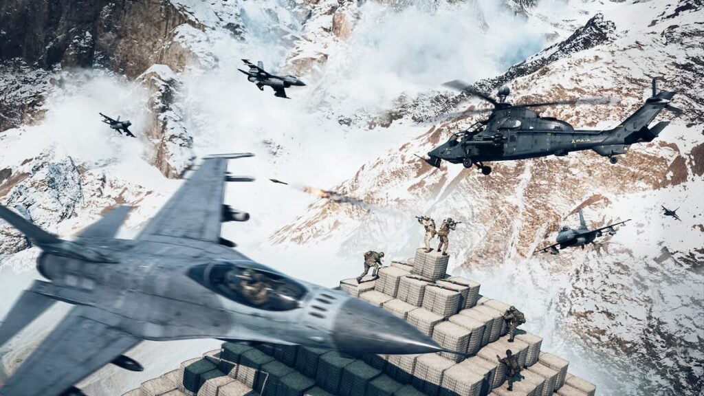 Planes surrounding a hill with soldiers